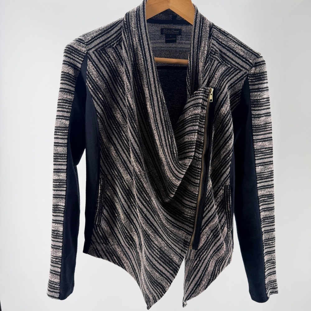 Lucky Brand Black White Striped Asymmetric Moto Jacket Draped Waterfall-Small